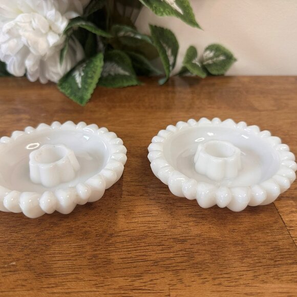 Vintage Hazel Atlas Daisy Glass Candle Holders Pressed Glass Floral Pair Wedding - Picture 3 of 7